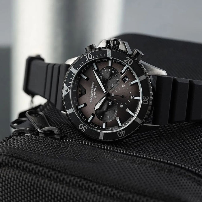Emporio Armani Diver Chronograph Men’s Watch – Black Dial, Black Rubber Strap AR11515 - Authentic