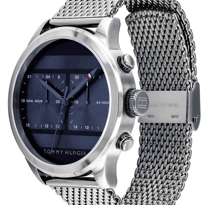 Tommy Hilfiger Dual Time Blue Dial Silver Mesh Strap 1791596 - Authentic
