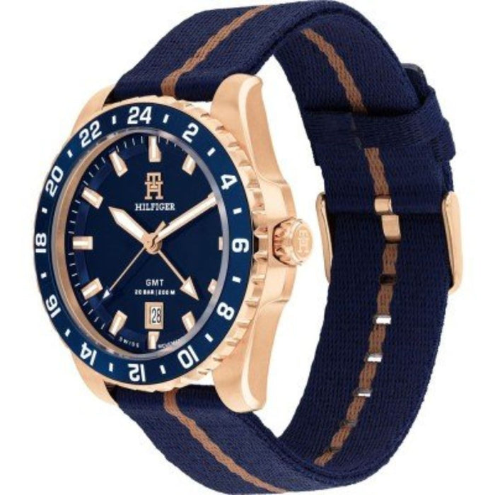 Tommy Hilfiger GMT – Rose Gold with Blue Dial and Fabric Strap 1792130 - Authentic
