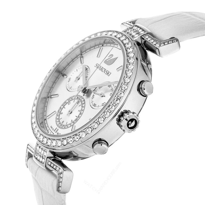 Swarovski Octea Lux Chronograph Women’s Watch – Silver Crystal Bezel & White Leather Strap 5295346 - Authentic