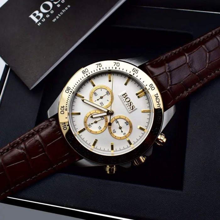 Hugo Boss Champion Chronograph – White & Gold Dial - Brown Leather Strap 1513174 - Authentic