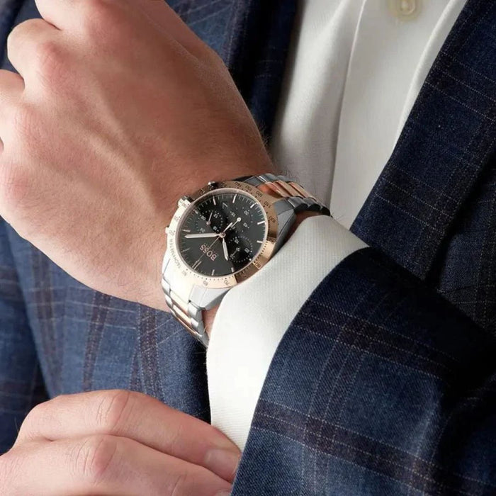 Hugo Boss Rose Gold & Silver Chronograph Men’s Watch – Black Dial Tachymeter 1513584 - Authentic