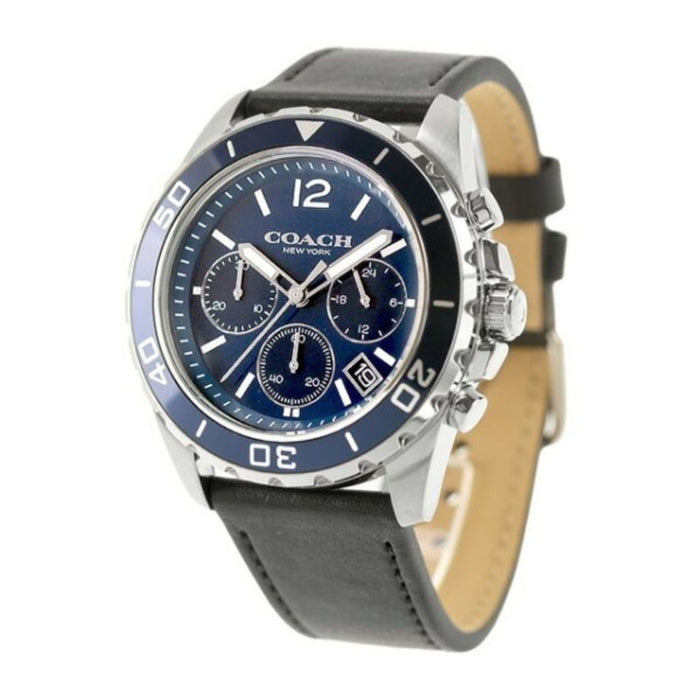 Coach Chronograph Watch – Blue Dial & Bezel with Black Leather Strap 14602666 - Authentic