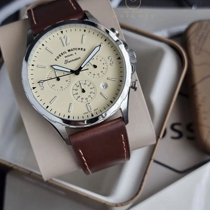 Fossil Forrester Chronograph Cream Dial Brown Leather Watch - FS5696 - Authentic