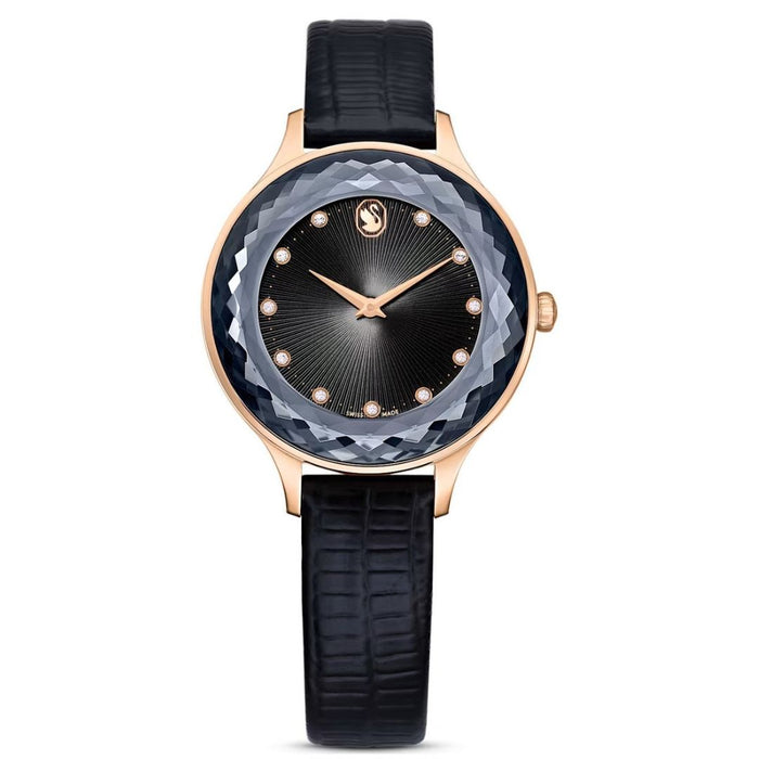 Swarovski Crystalline Aura Women’s Watch – Rose Gold Case with Black Leather 5650033 - Authentic