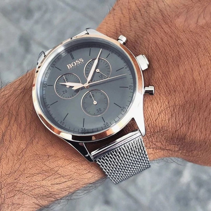 Hugo Boss Pioneer Chronograph Mesh Men's Watch – Silver/Grey 1513549 - Authentic