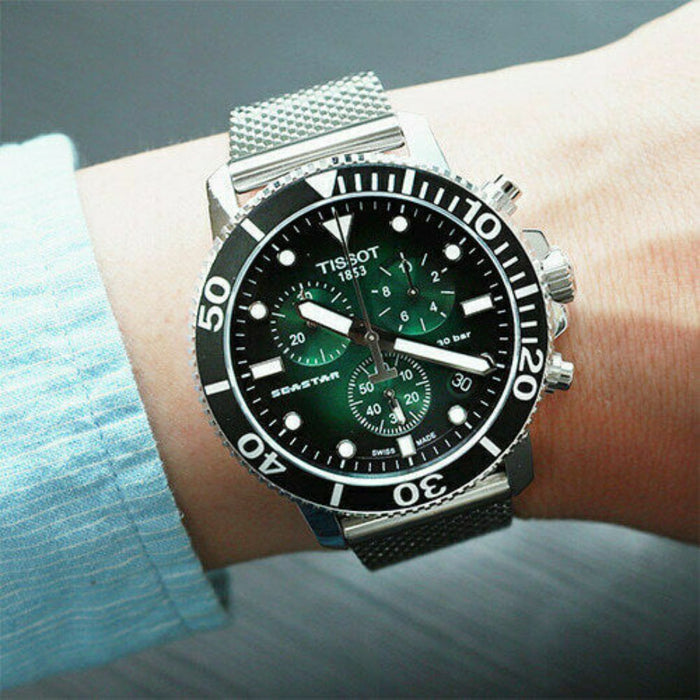 Tissot Seastar 1000 Chronograph – Green Dial | Stainless Steel Mesh Bracelet | 30 Bar t120.417.11.091.00 - Authentic