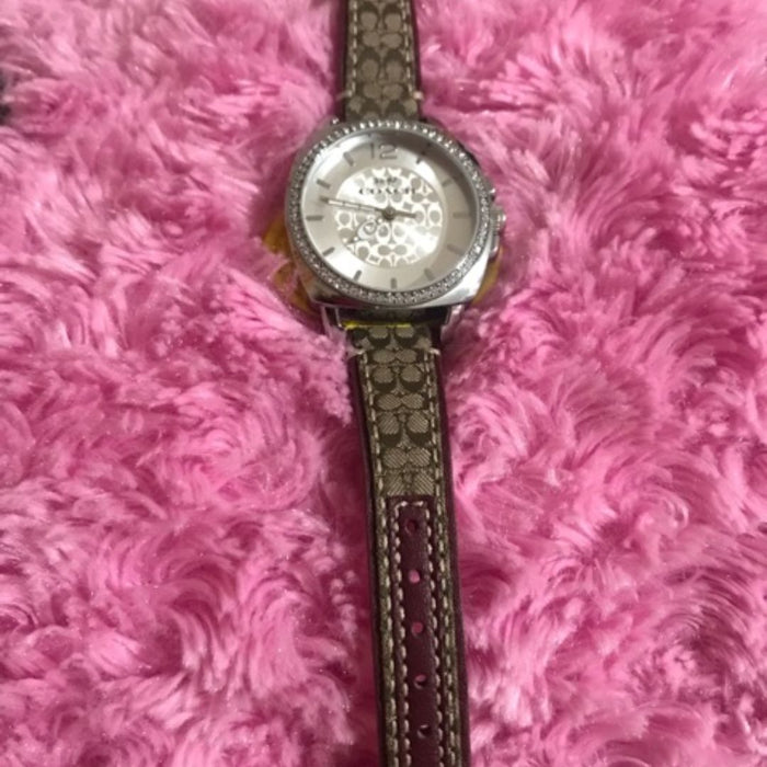 Coach Women’s Silver-Tone Crystal Bezel Watch with Signature Fabric Strap 14503147 - Authentic