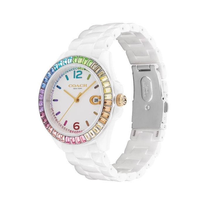 Coach New York White Women’s Watch – Rainbow Crystal Bezel & Date Display 14504019 - Authentic