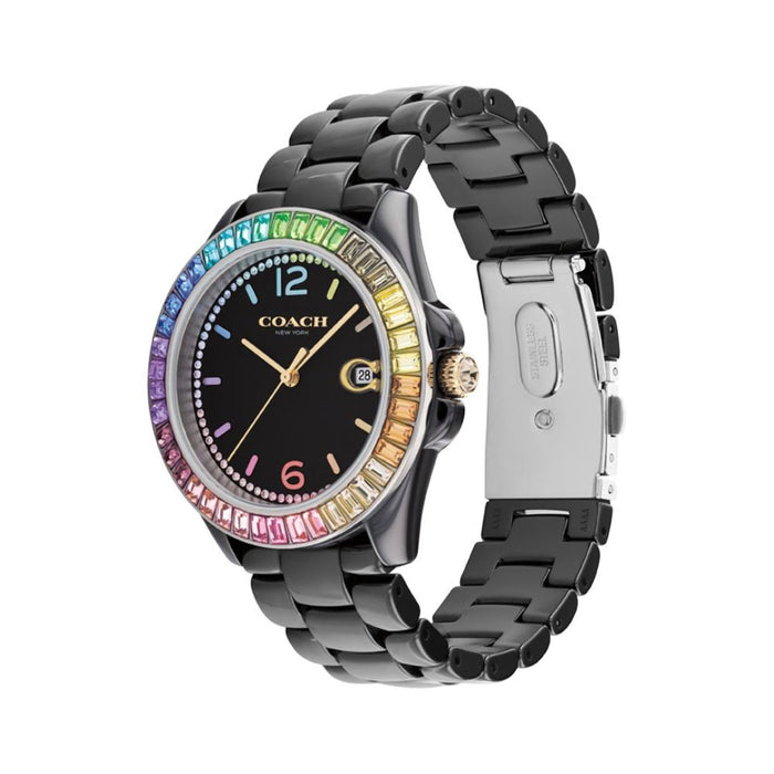 Coach Women’s Black Stainless Steel Watch – Rainbow Crystal Bezel & Date Display 14504018 - Authentic