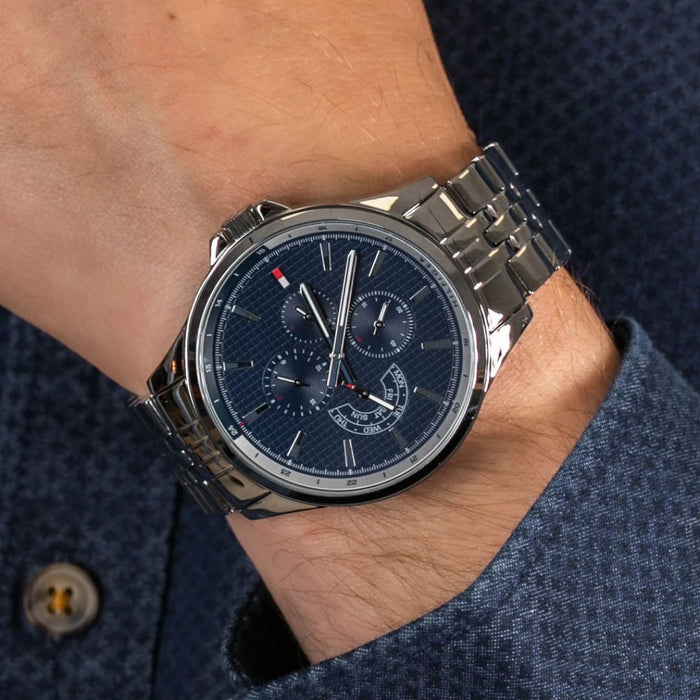 Tommy Hilfiger Men’s Silver Chronograph Watch with Blue Textured Dial 1791612 - Authentic