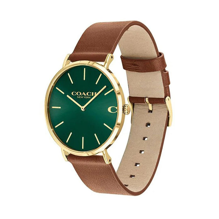 Coach Men’s Classic Minimal Watch – Green Dial, Gold Case, Brown Leather Strap 14602435 - Authentic