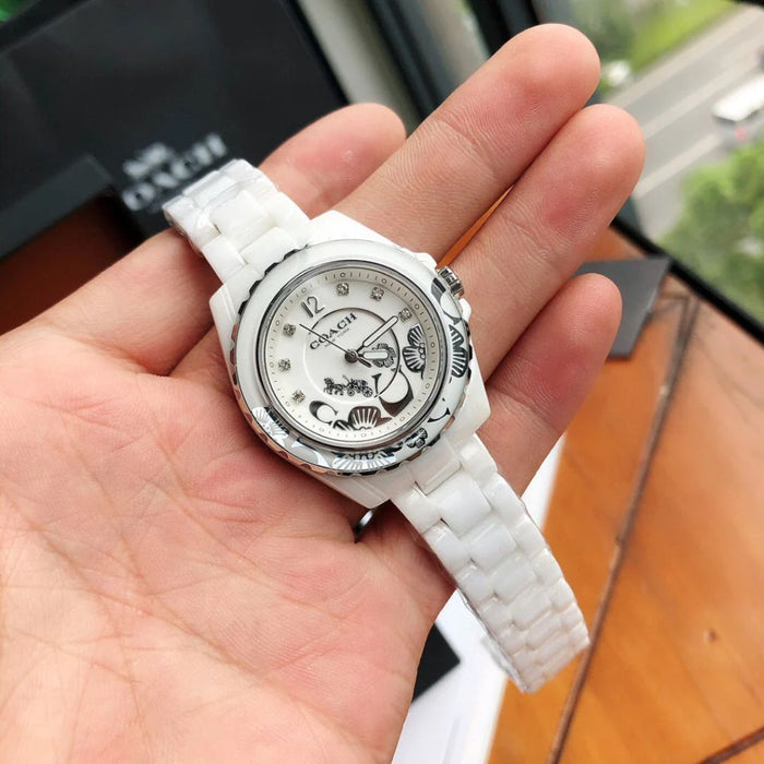 Coach Women’s White Ceramic Watch – Floral Dial with Crystal Hour Markers 14503464 - Authentic
