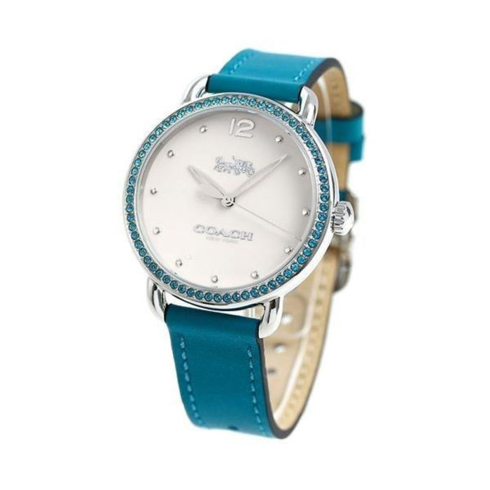 Coach Women’s Silver Watch with Turquoise Crystal Bezel & Blue Leather Strap 14502884 - Authentic