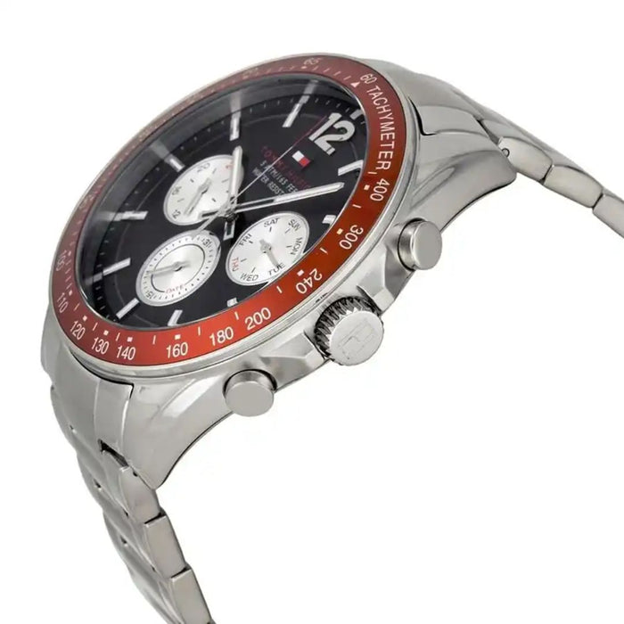 Tommy Hilfiger Men’s Silver Chronograph Watch with Red Tachymeter Bezel 1791122 - Authentic
