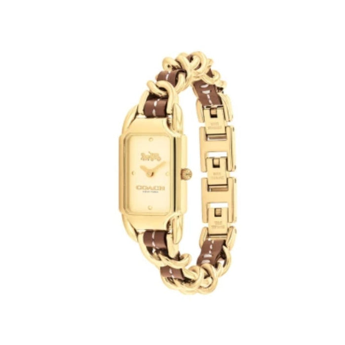 Coach Rectangular Gold-Tone Women’s Watch with Champagne Dial & Brown Leather Chain Strap 14504282 - Authentic