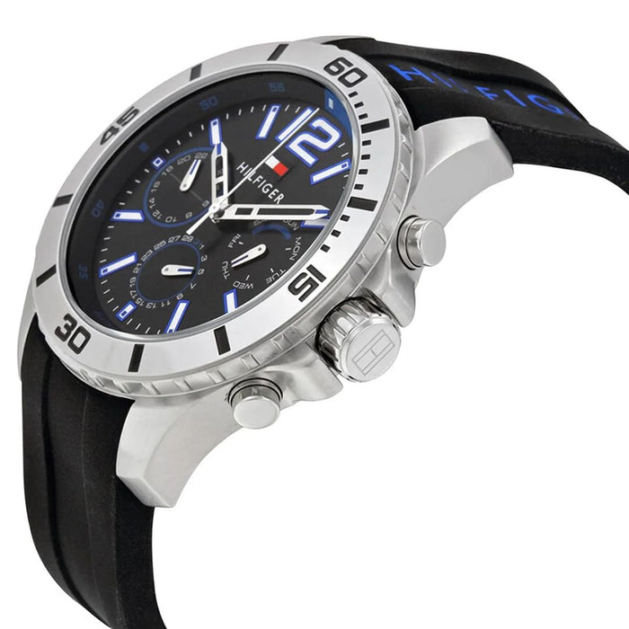 Tommy Hilfiger Chronograph Black Dial Blue Accents & Black Rubber 1791143 - Authentic