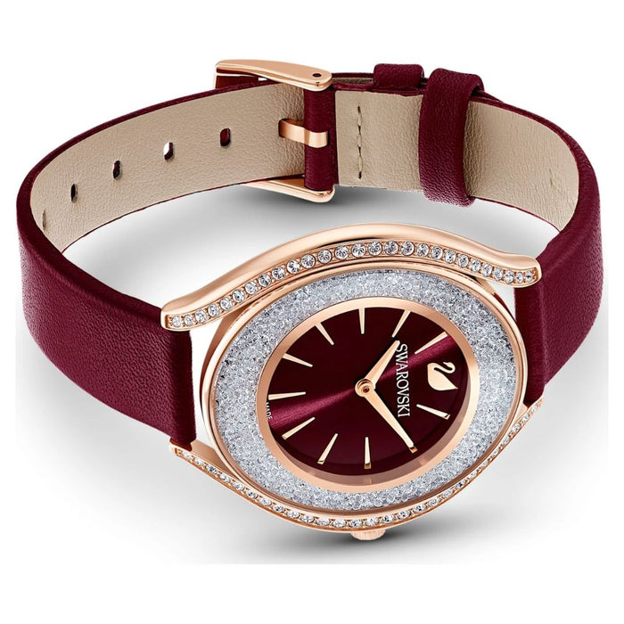 Swarovski Women’s Rose Gold Crystal Watch – Burgundy Dial & Leather Strap 5558637 - Authentic