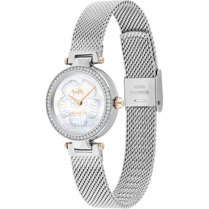 Coach Women’s Floral Dial Quartz Watch – Silver Mesh Bracelet with Gold & Crystal Accents 14503510 - Authentic