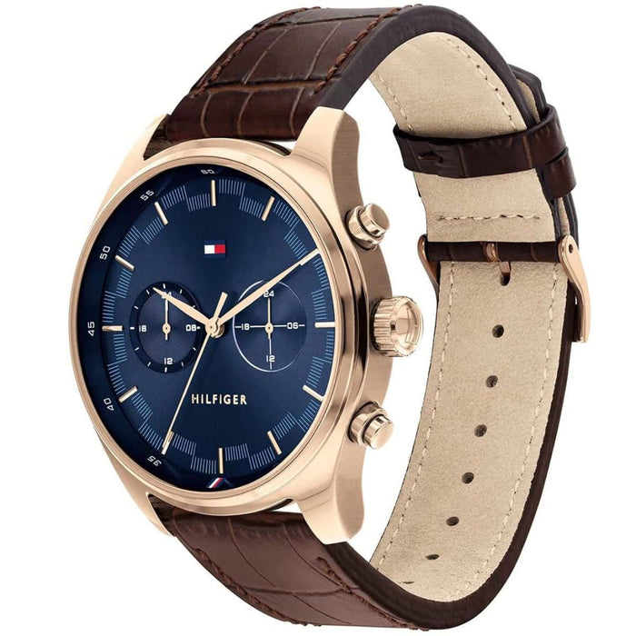 Tommy Hilfiger Blue Dial Watch & Brown Leather Strap – Gold-Tone Case 1710423 - Authentic