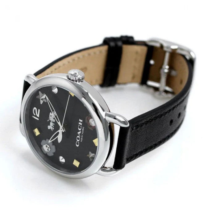 Coach Women’s Silver Watch with Black Dial & Black Leather Strap 14502780 - Authentic