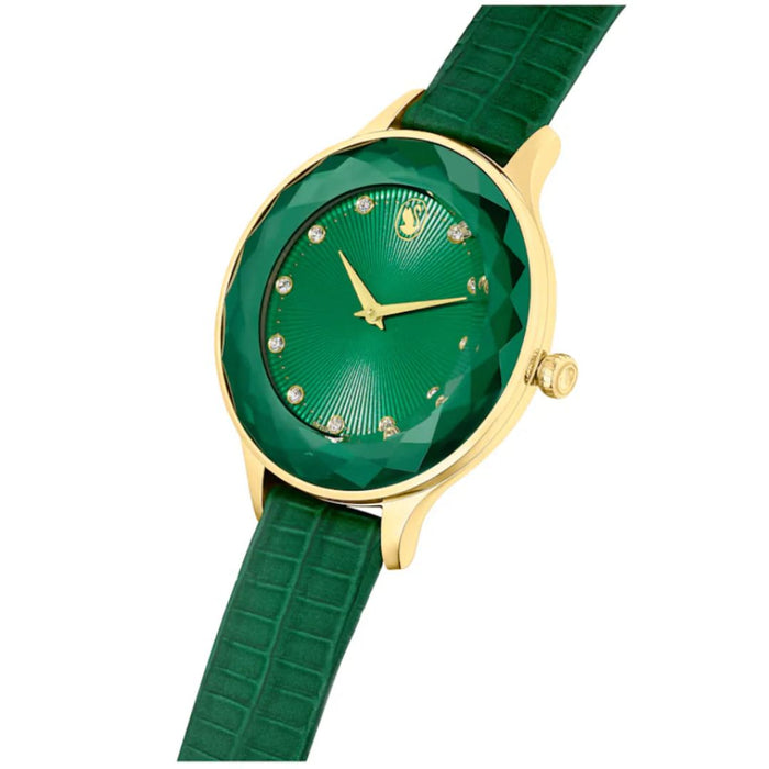 Swarovski Crystalline Aura Women’s Watch – Gold Case with Emerald Green Leather Strap 5650005 - Authentic