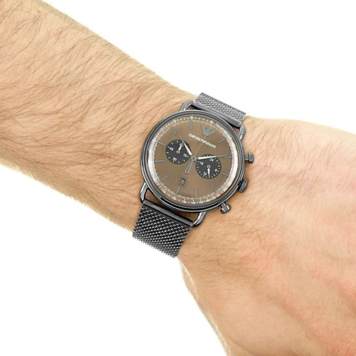 Emporio Armani Gunmetal Mesh Chronograph Watch – Brown Gradient Dial AR11141 - Authentic