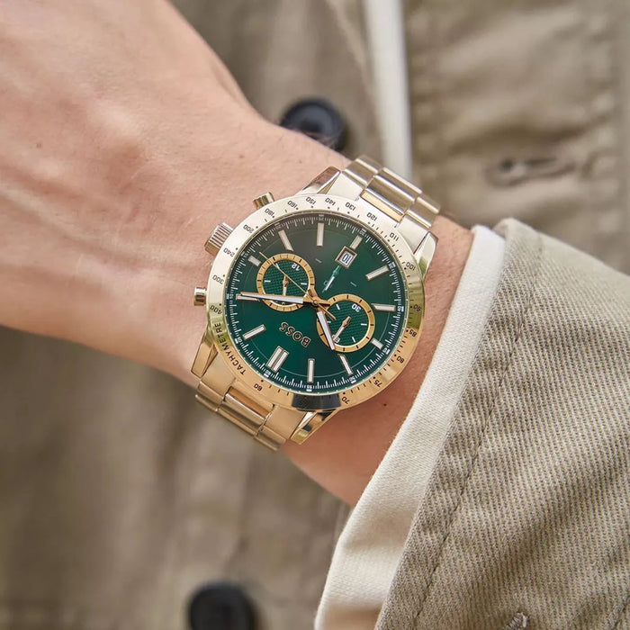 Hugo Boss Champion Chronograph – Gold Stainless Steel / Green Dial 1513923 - Authentic