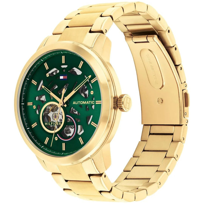 Tommy Hilfiger Men’s Gold Automatic Skeleton Watch with Green Dial 1710662 - Authentic