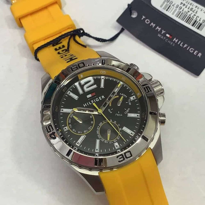 Tommy Hilfiger Chronograph Black Dial Silver Case & Yellow Rubber Strap 1791144 - Authentic