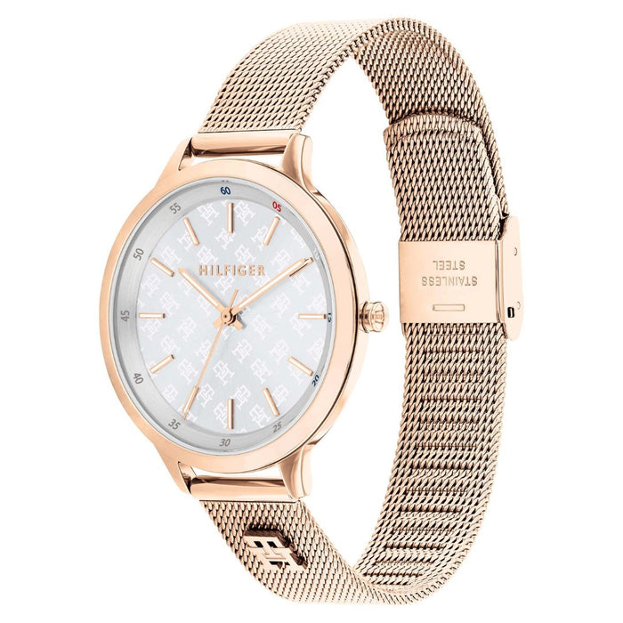 Tommy Hilfiger Rose Gold Mesh Watch – White Monogram Dial 1782616 - Authentic