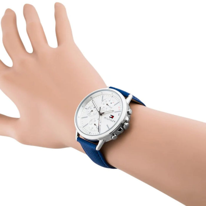 Tommy Hilfiger Silver Chronograph Blue Leather Strap 1781791 - Authentic