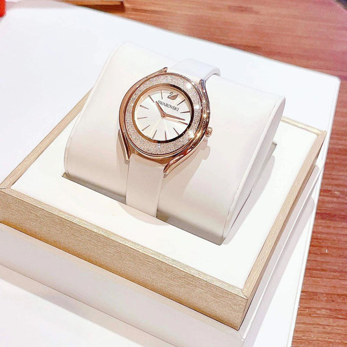 Swarovski Crystalline Oval Women’s Watch – Rose Gold Case, White Leather Strap 5519453 - Authentic