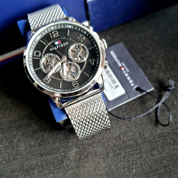 Tommy Hilfiger Men’s Black Chronograph Watch with Silver Mesh Strap 1791292 - Authentic