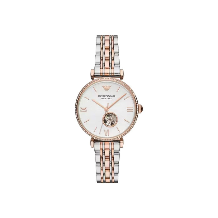 Emporio Armani Meccanico Women's Two-Tone Rose Gold & Silver Skeleton Bracelet Watch AR60019 - Authentic