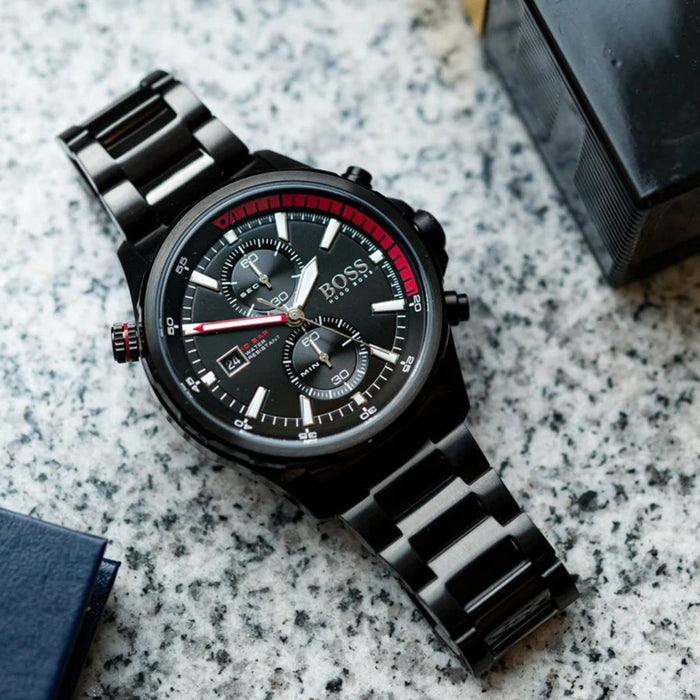 Hugo Boss Hero Sport Chronograph – Black Steel / Red Accents 1513825 - Authentic