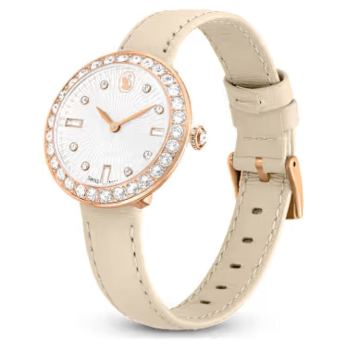 Swarovski Ladies Watch – Rose Gold Case with Crystal Bezel & Beige Leather Strap 5672968 - Authentic