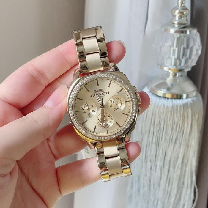 Coach New York Gold Women’s Chronograph Watch – Crystal Bezel & Multi-Function Dial 14502127 - Authentic