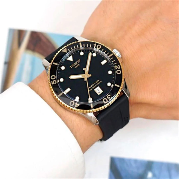 Tissot Seastar 1000 – Gold & Black 40MM | Rubber Strap | 300m Diver t120.410.27.051.00 - Authentic