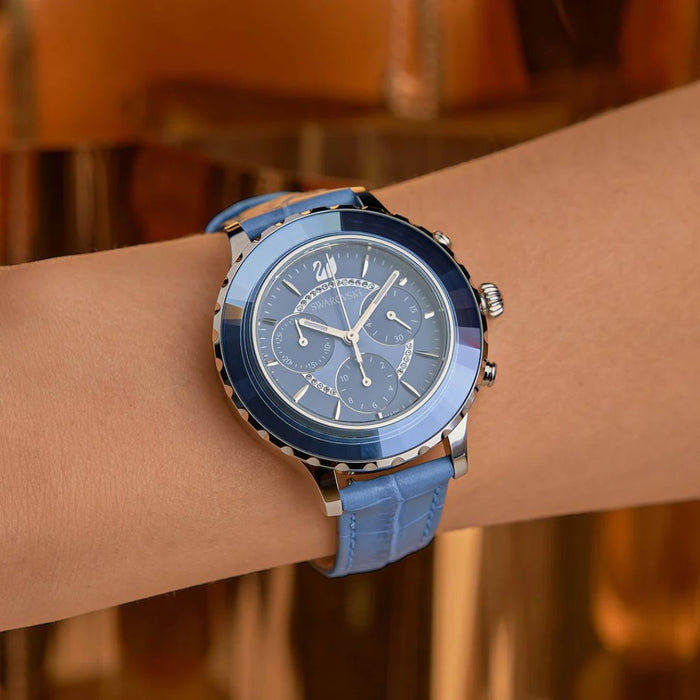 Swarovski Octea Lux Chronograph Blue Leather Watch - 5580600 - Authentic