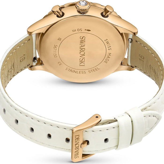Swarovski Rose Gold Chronograph Watch – White Dial & White Leather Strap 5671150 - Authentic