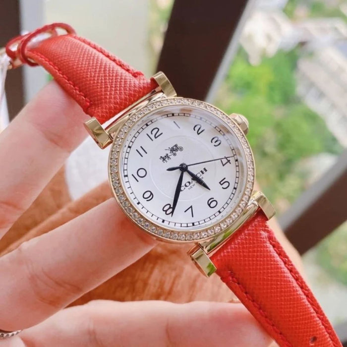 Coach Women’s Rose Gold Crystal Bezel Watch with Red Leather Strap - 14502400 - Authentic