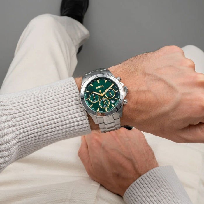 Hugo Boss Men’s Tachymeter Chronograph Watch Green Dial & Gold Accents | 1514217 - Authentic