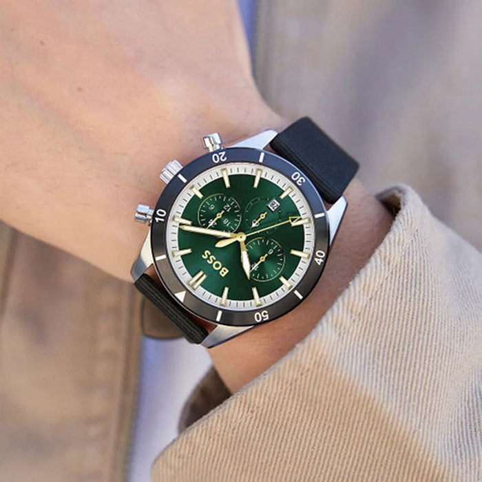 Hugo Boss Champion Sport Chronograph – Green Dial / Black Fabric Strap 1513936 - Authentic