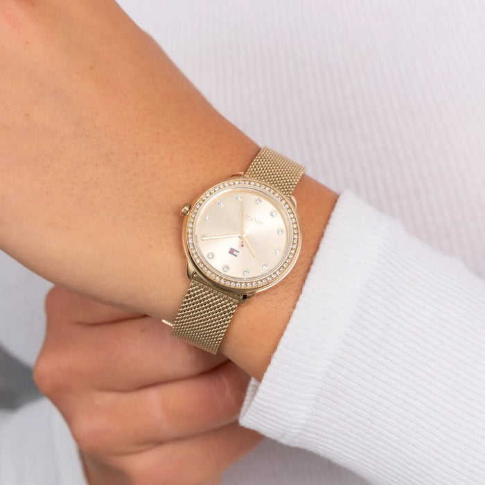 Tommy Hilfiger Gold Crystal Bezel Mesh Watch for Women 1782699 - Authentic