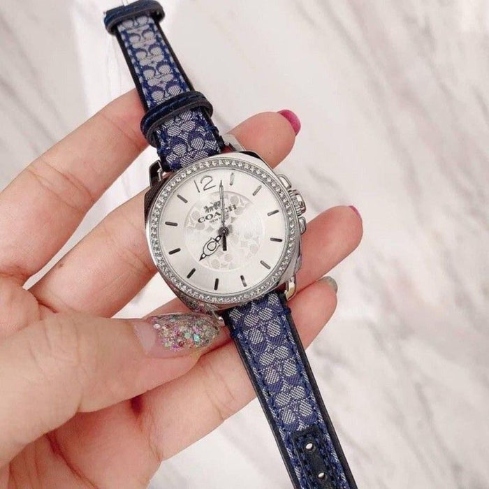 Coach Women’s Silver-Tone Crystal Bezel Watch with Blue Signature Strap 14503149 - Authentic