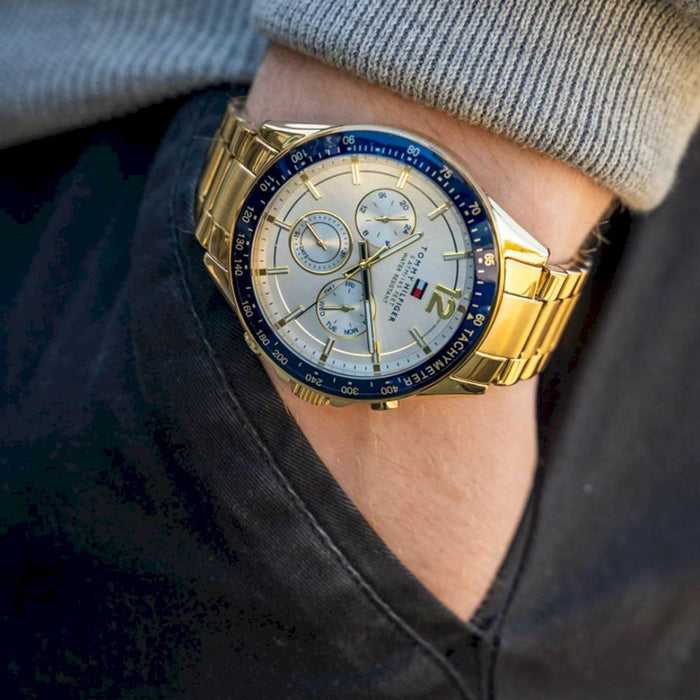 Tommy Hilfiger Men’s Gold Chronograph Watch with White Dial & Blue 1791121 - Authentic