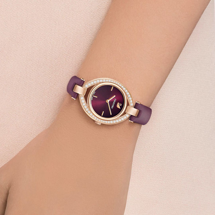 Swarovski Crystalline Aura Burgundy Leather Rose Gold Watch - 5376839 - Authentic