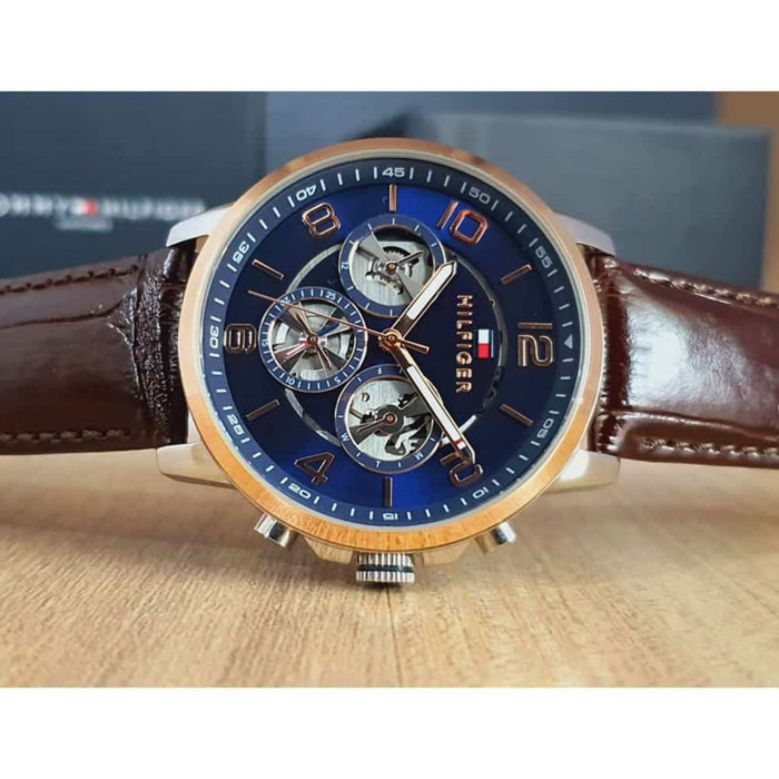 Tommy Hilfiger Men’s Blue Dial Chronograph Watch with Brown Leather 1791290 - Authentic