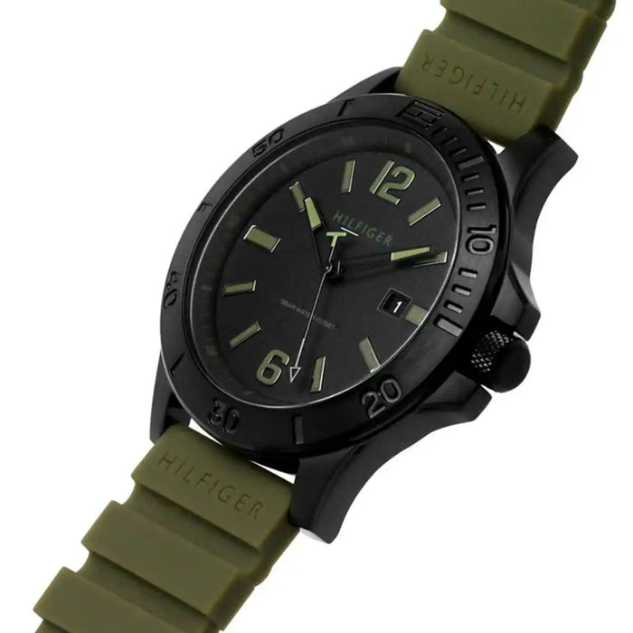 Tommy Hilfiger Black Dial Military Green Silicone Strap 1791992 - Authentic